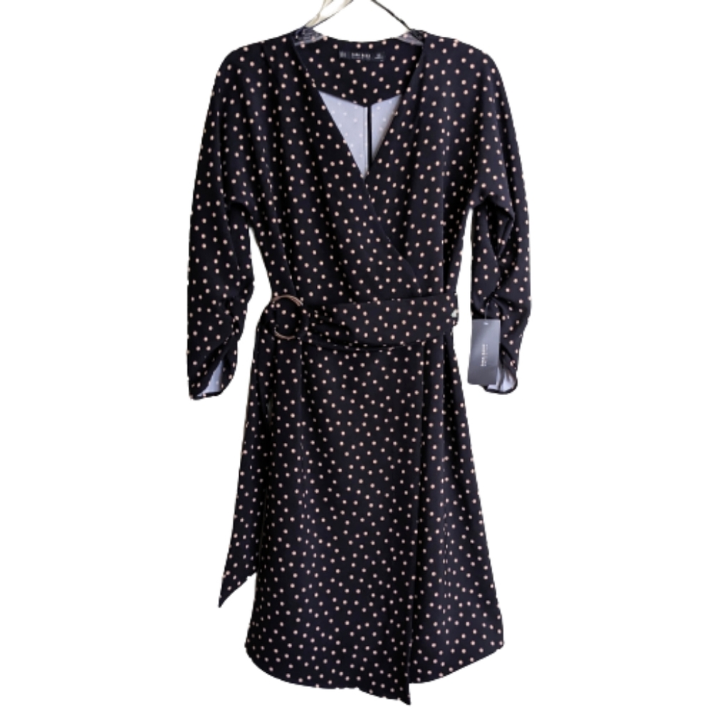 Zara Wrap Dress Navy Blue Polk-a-dots V-neck Size XS